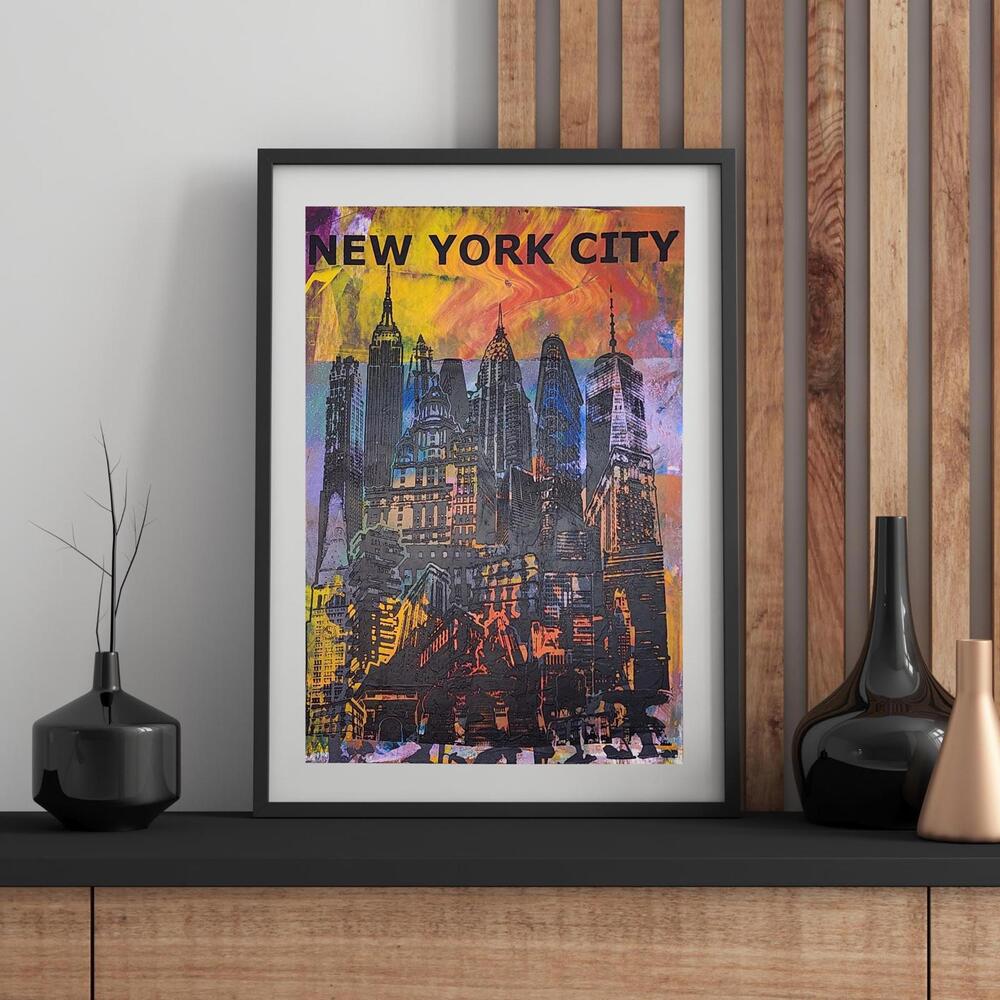 The 'Messene' NYC Skyline Monoprint Poster. OOAK! 19 x 13"